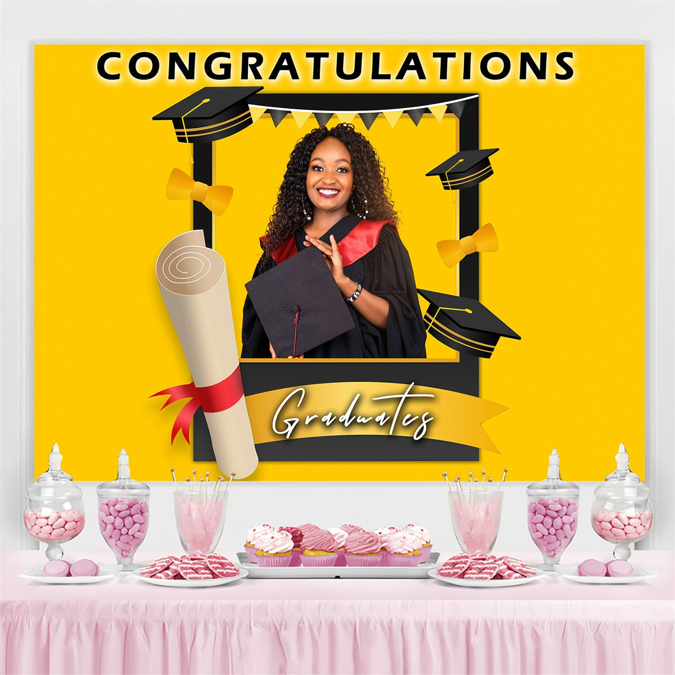 Graduation Backdrop Photoshoot Gelbe Mütze Rahmen Personalisierte Party Graduation Backdrop MRR3-174