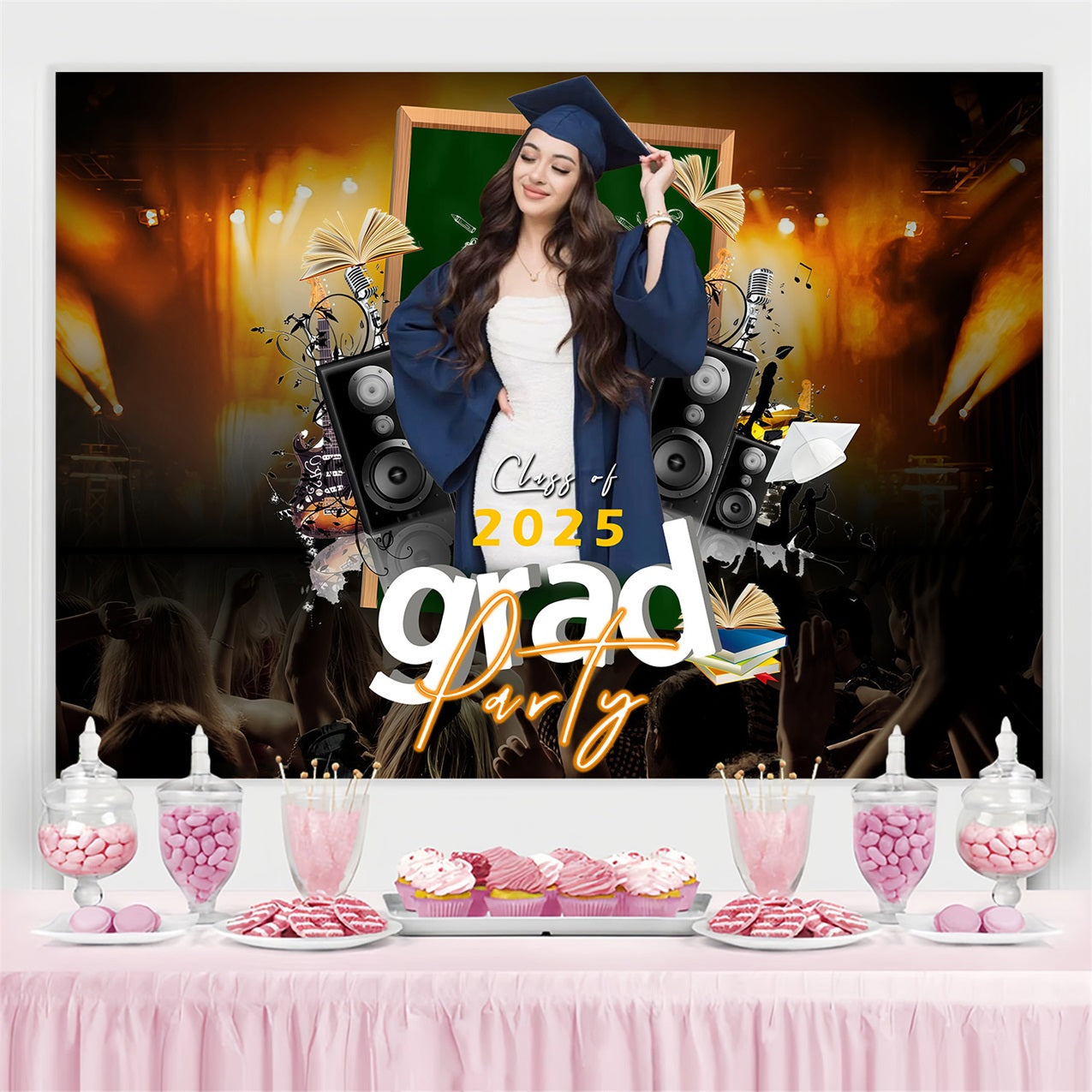 Graduation Picture Backdrop Bücher Musik Bühne Benutzerdefinierte Party Graduation Backdrop MRR3-175