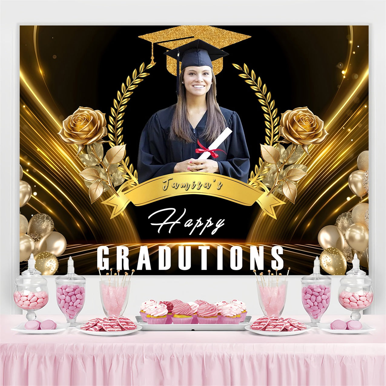 Graduated Backdrop Gold Mütze Rosen Luftballons Personalisierte Party Graduation Backdrop MRR3-176