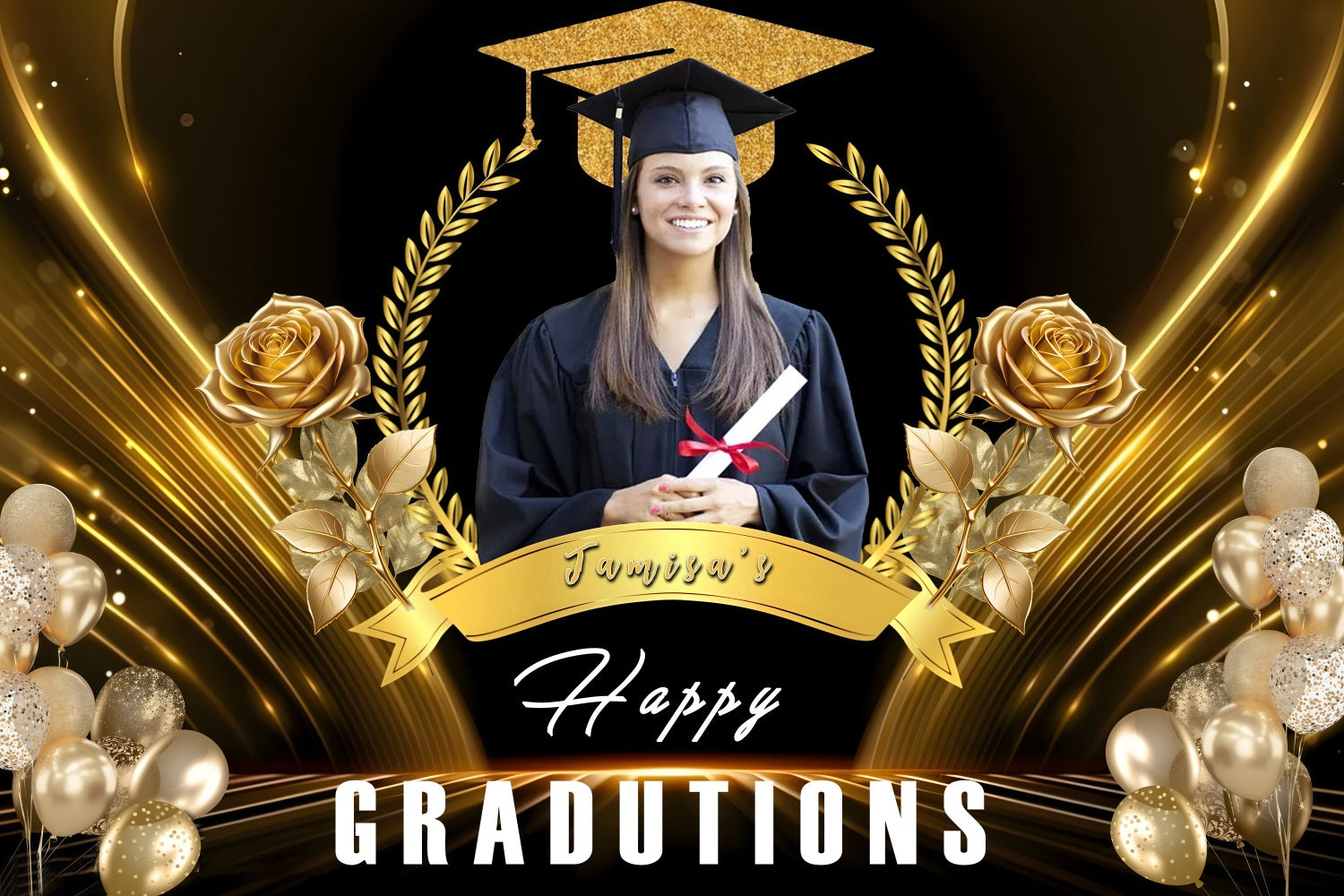 Graduated Backdrop Gold Mütze Rosen Luftballons Personalisierte Party Graduation Backdrop MRR3-176