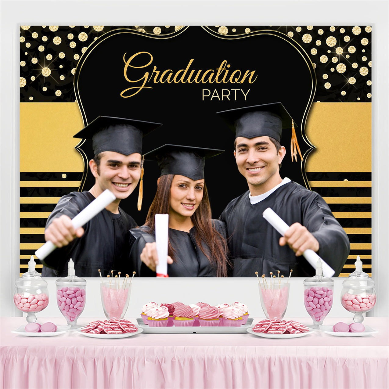 Graduation Foto Backdrop Ideen Gold Glitzer Streifen Personalisierte Party Graduation Backdrop MRR3-177