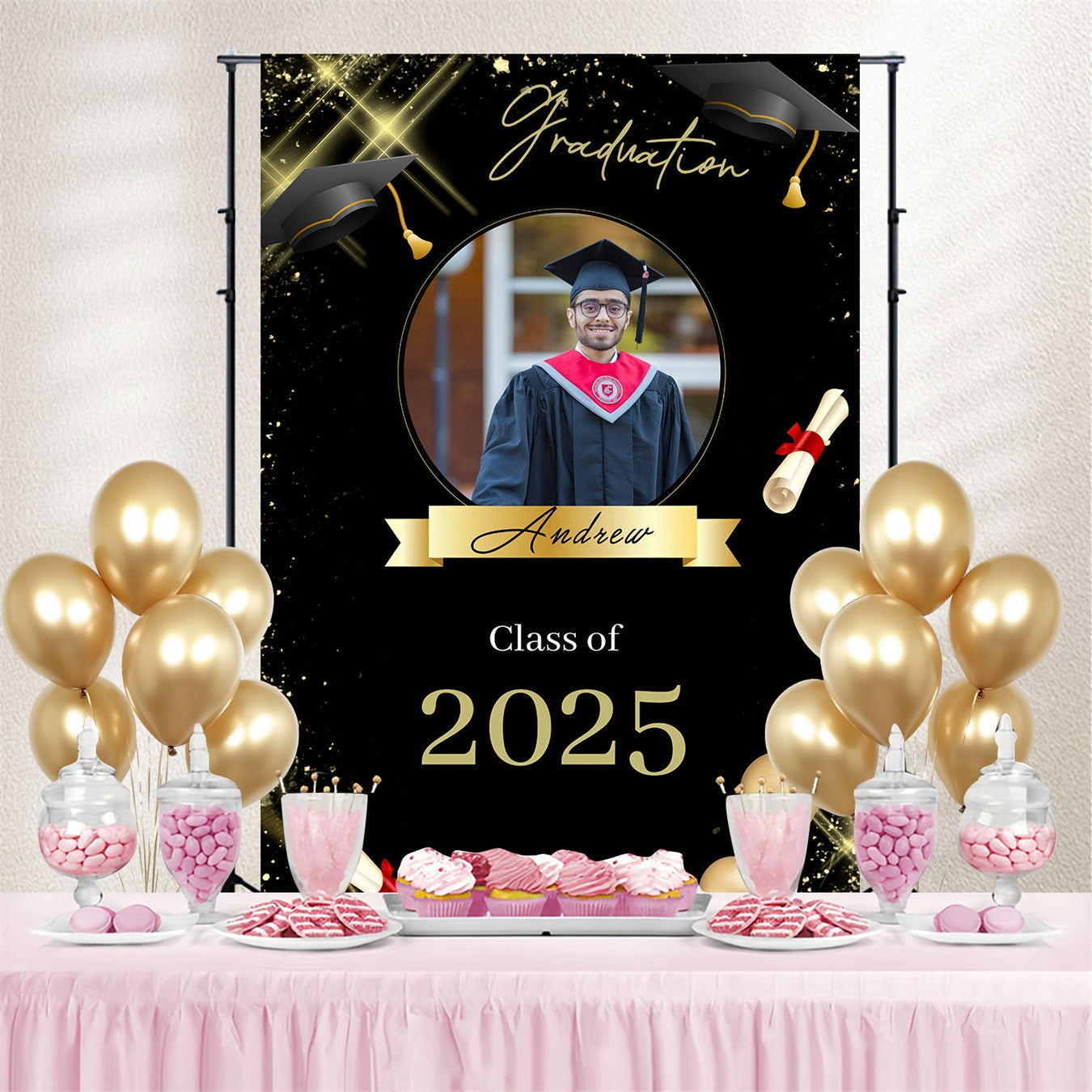 Backdrop Graduation Schriftrolle Hut Ballon Benutzerdefinierte Party Graduation Backdrop MRR3-200