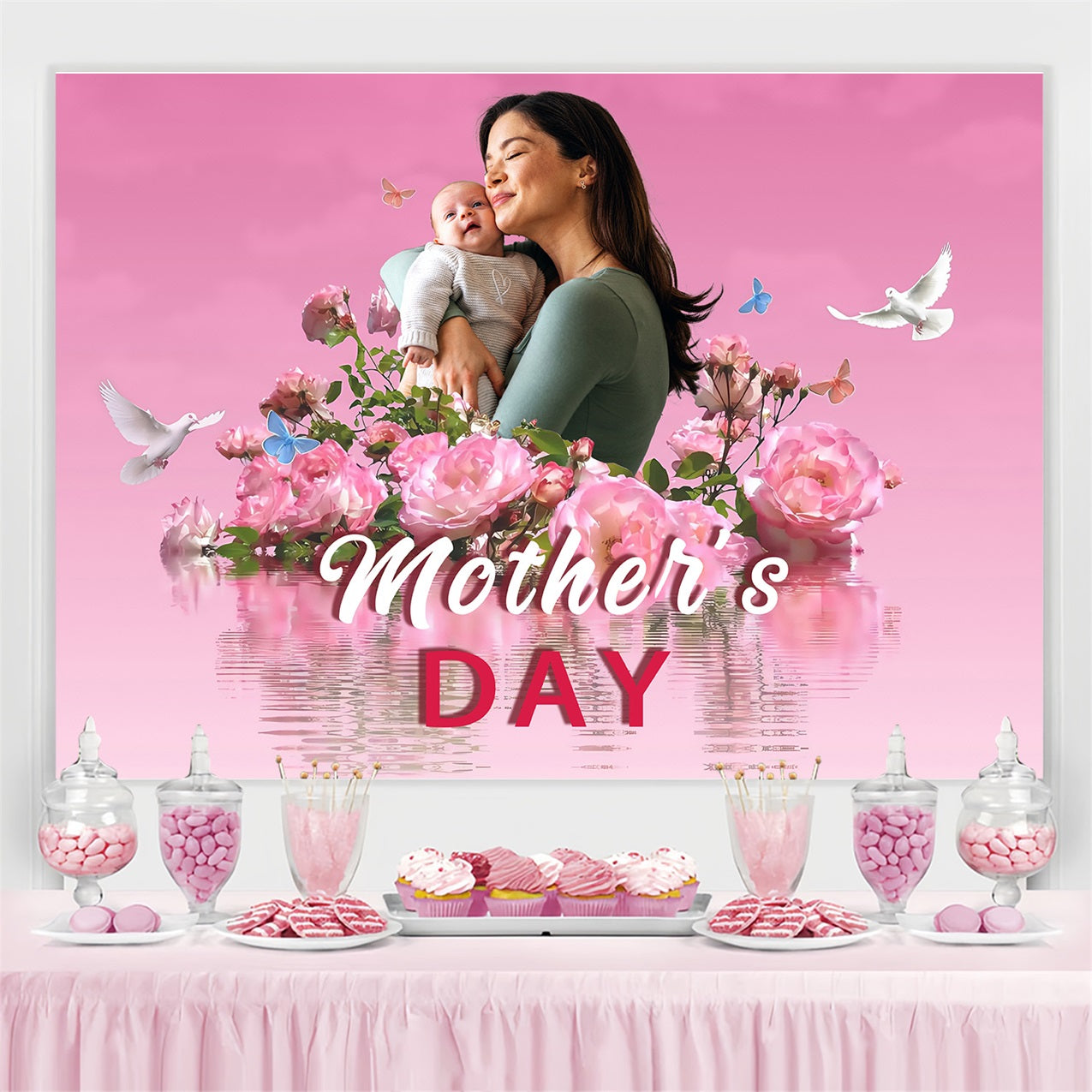 Hintergrund für Muttertag Floral Blühende Tauben Schmetterlinge Personalisierter Hintergrund MRR3-45