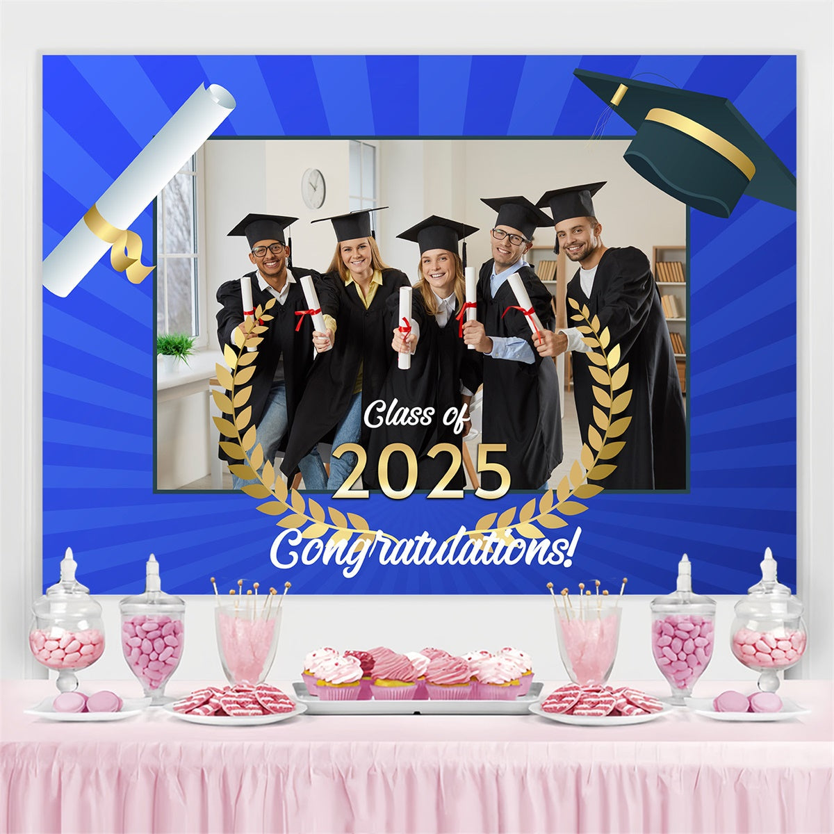 Customized Graduation Backdrop Lorbeerkranz Blau Graduation Party Backdrop MRR4-16