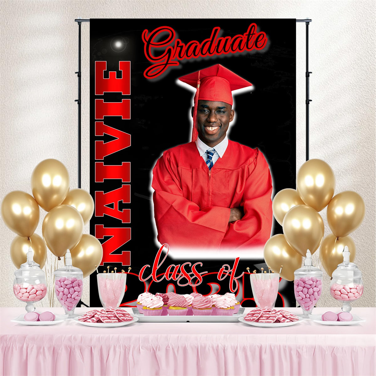 Personalisierte Graduation Backdrops Bold Rot Schwarz Graduation Party Backdrop MRR4-29