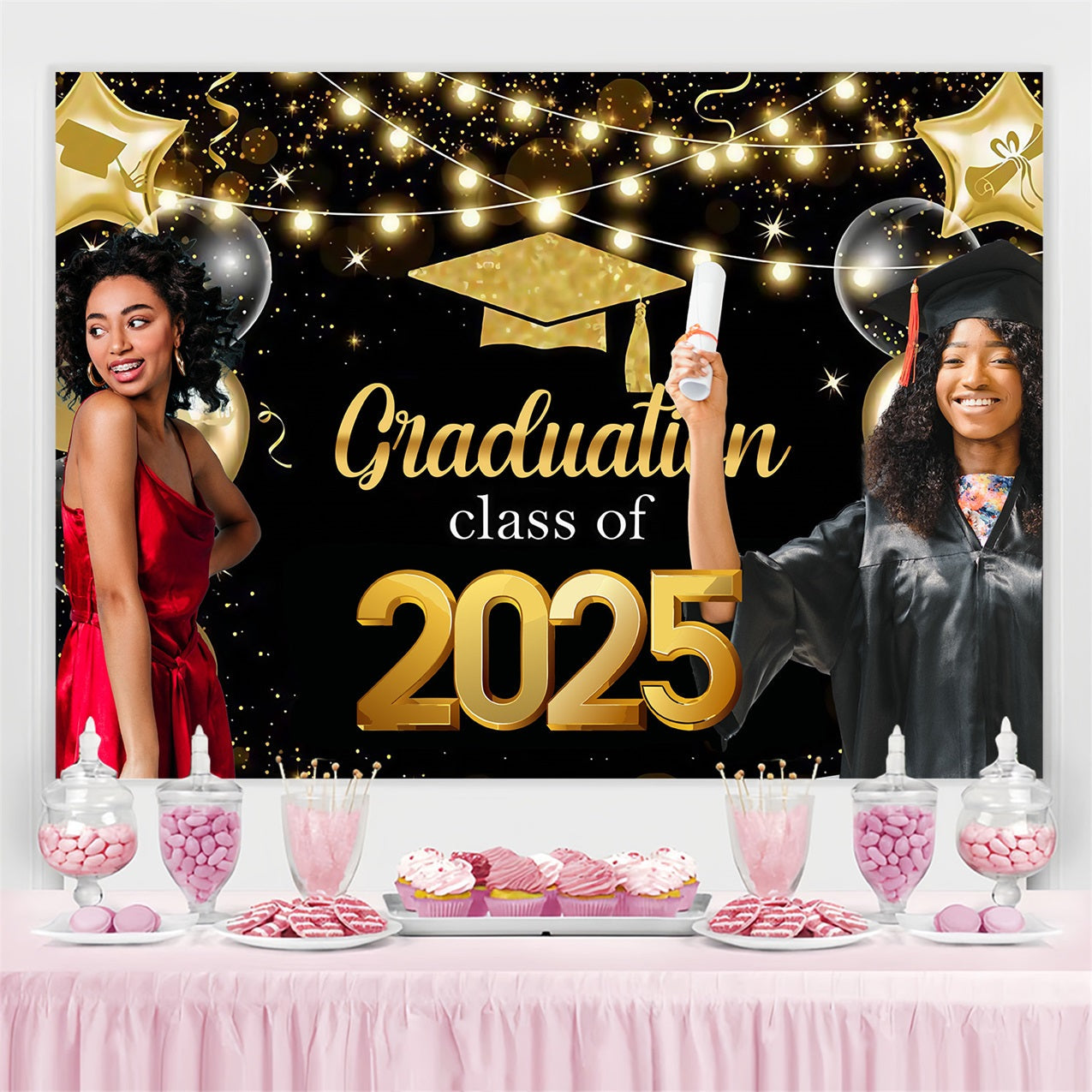 Graduation Fotokulisse Goldene Sterne Lichter Personalisierte Party Graduation Kulisse MRR4-40