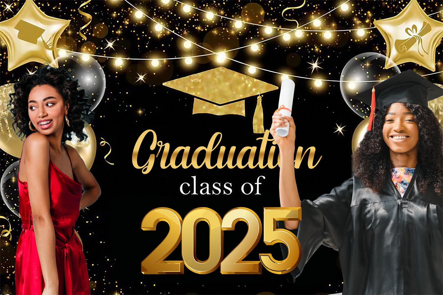 Graduation Fotokulisse Goldene Sterne Lichter Personalisierte Party Graduation Kulisse MRR4-40