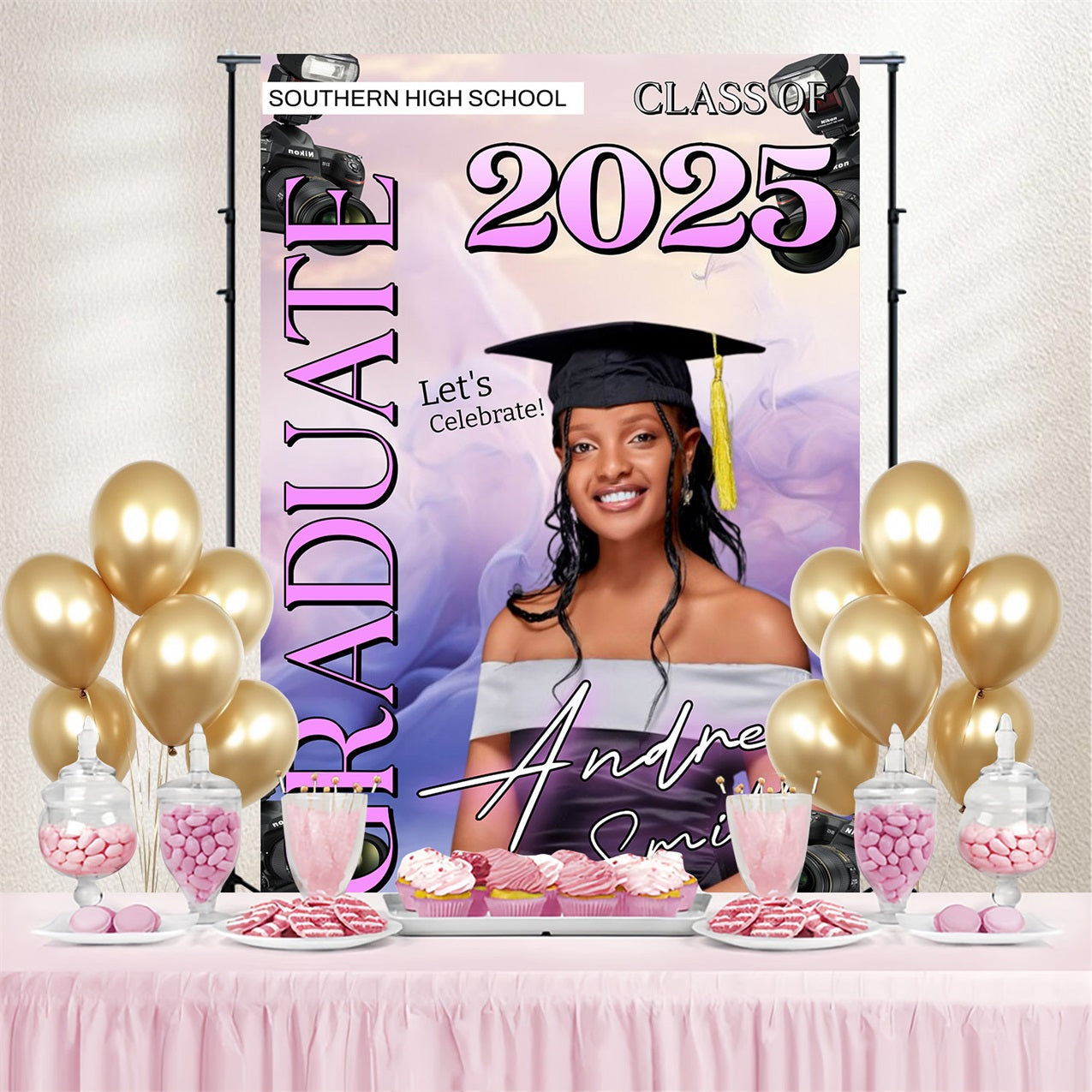 Graduation Fotokulisse Pastell lila Kameras Personalisierte Party Graduation Backdrop MRR4-46