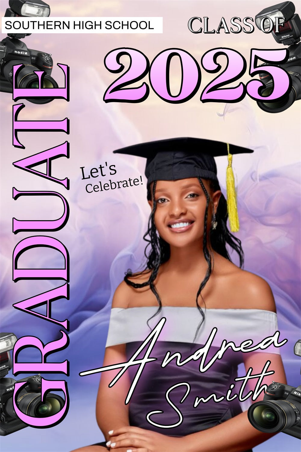 Graduation Fotokulisse Pastell lila Kameras Personalisierte Party Graduation Backdrop MRR4-46