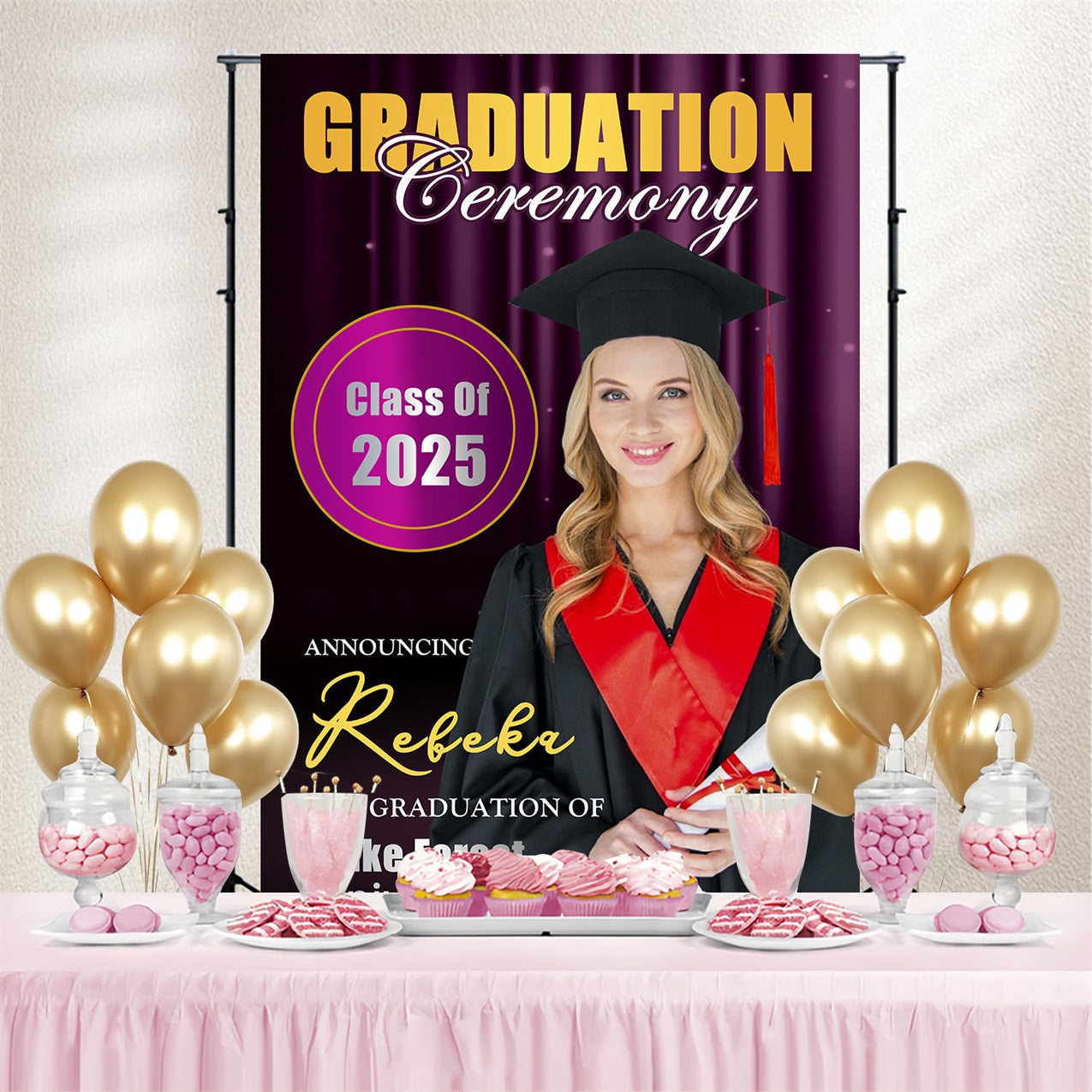 Graduation Backdrop Photoshoot Lila Lichter Bühne Personalisierte Party Graduation Backdrop MRR4-55