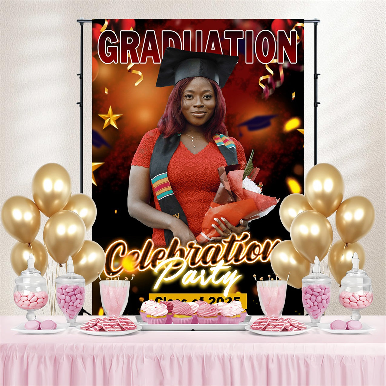 2025 Graduation Backdrop Bold Red Balloon Personalisierte Party Graduation Backdrop MRR4-60