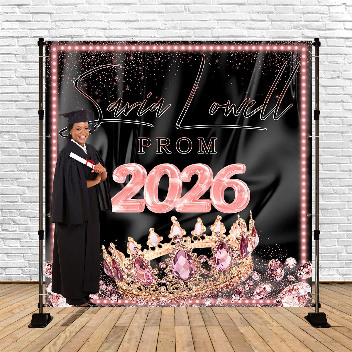 Abschlussball-Fotohintergrund Rosa Krone Personalisierter Abschlussfeier-Hintergrund MRR5-1
