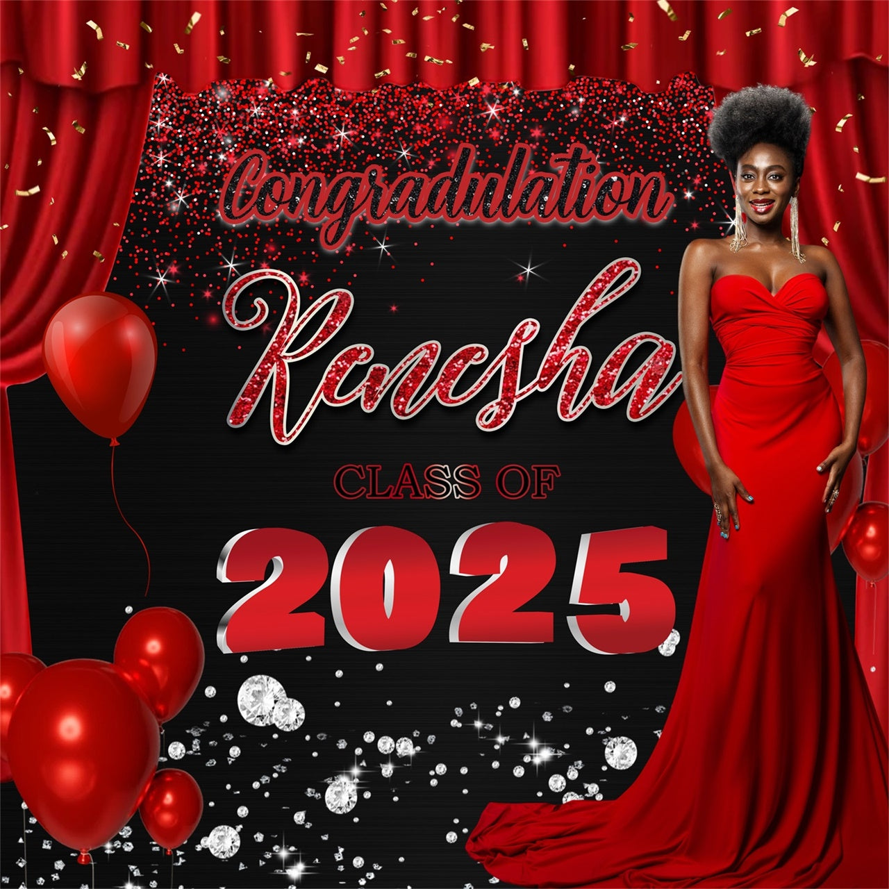 Individueller Hintergrund für die Abschlussfeier Roter Vorhang Glam Graduation Party Backdrop MRR5-21