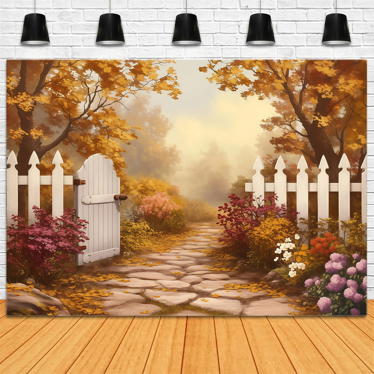 Herbstwald Backdrops Weißer Zaun Goldener Pfad Fotohintergrund MRR7-124
