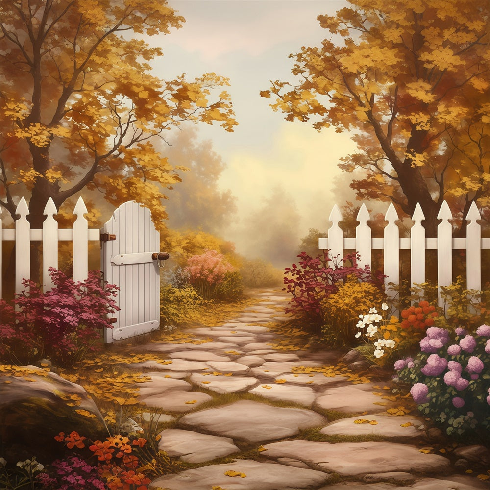Herbstwald Backdrops Weißer Zaun Goldener Pfad Fotohintergrund MRR7-124
