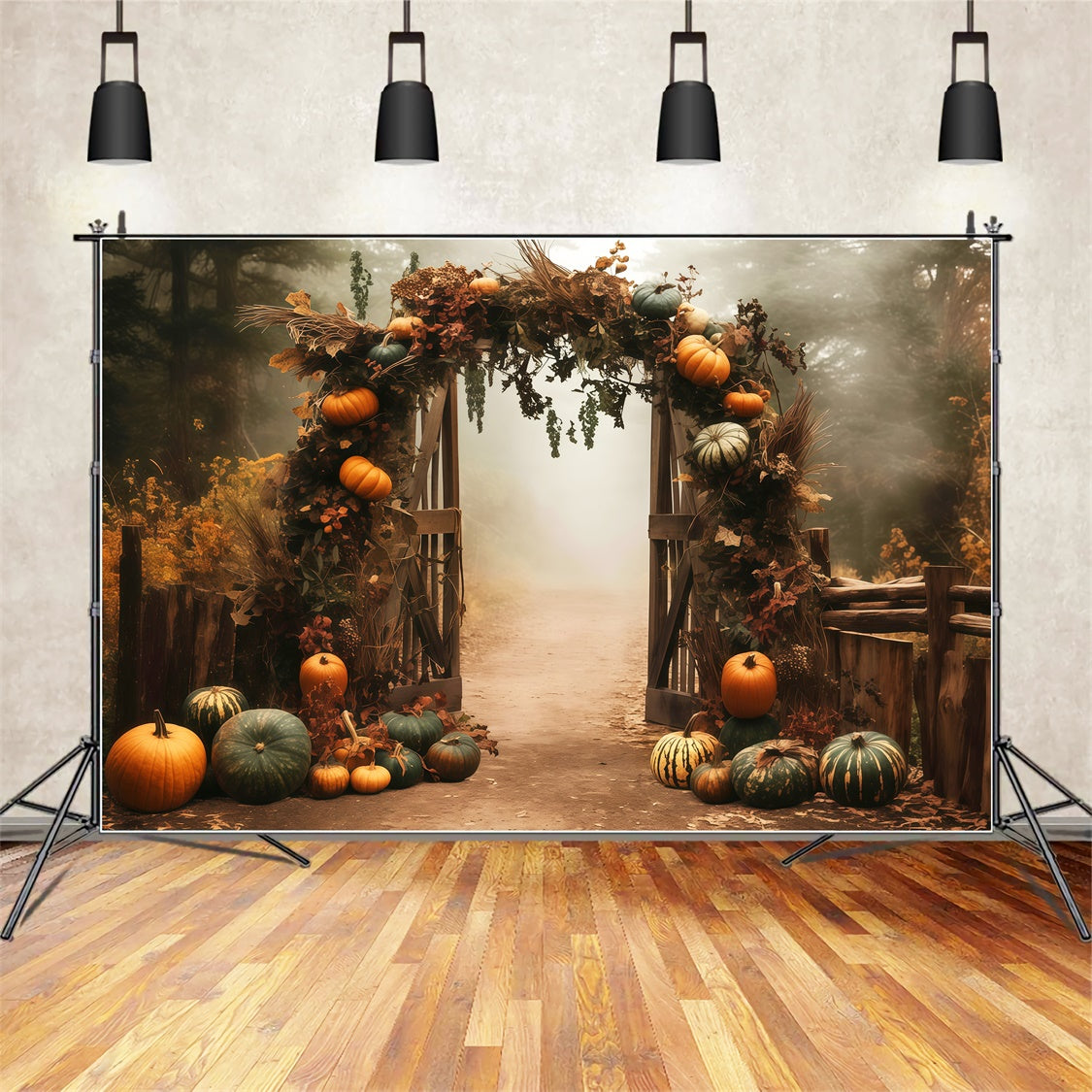 Herbst Fotohintergrund Nebliger Kürbisbogen Pfad Backdrops MRR7-128