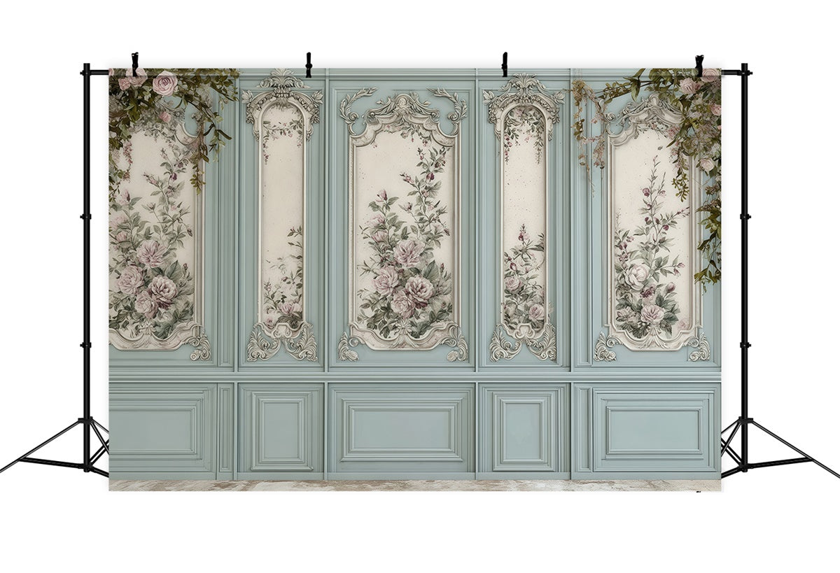 Barocke Hintergrundkulisse Blaues Blumenpaneel Vintage-Wand Fotohintergrund MRR7-219