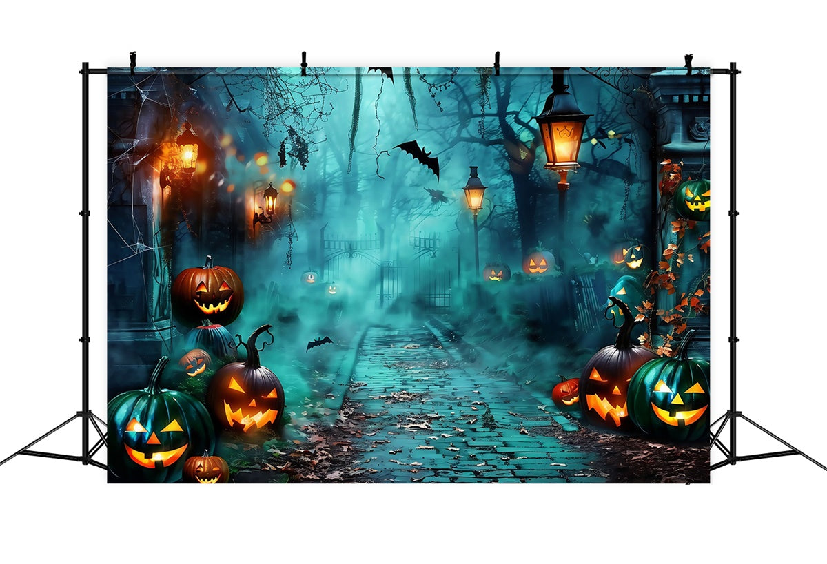 Gruselige Halloween-Hintergrundkulisse Nebliger Kürbispfad Hintergrundkulisse MRR7-26