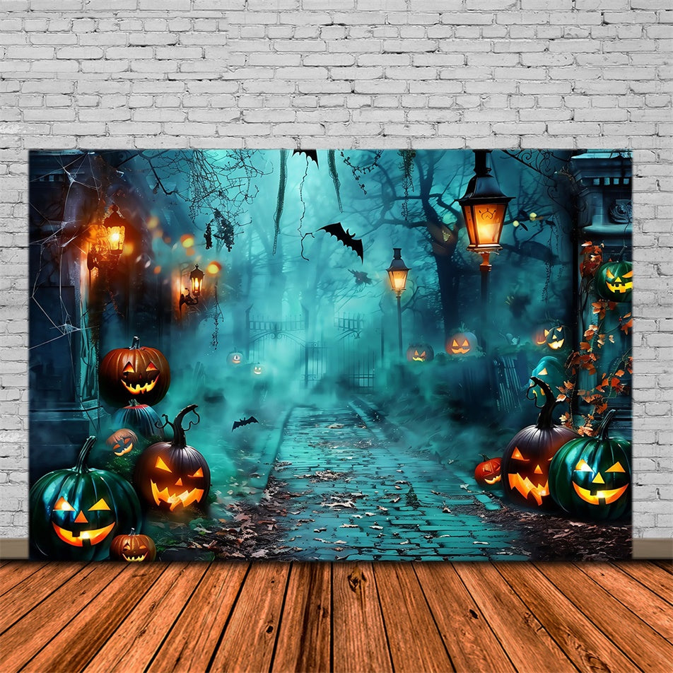Gruselige Halloween-Hintergrundkulisse Nebliger Kürbispfad Hintergrundkulisse MRR7-26
