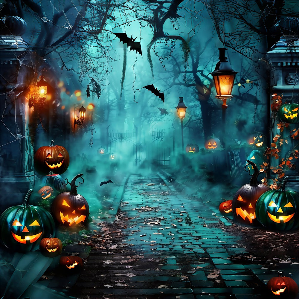 Gruselige Halloween-Hintergrundkulisse Nebliger Kürbispfad Hintergrundkulisse MRR7-26