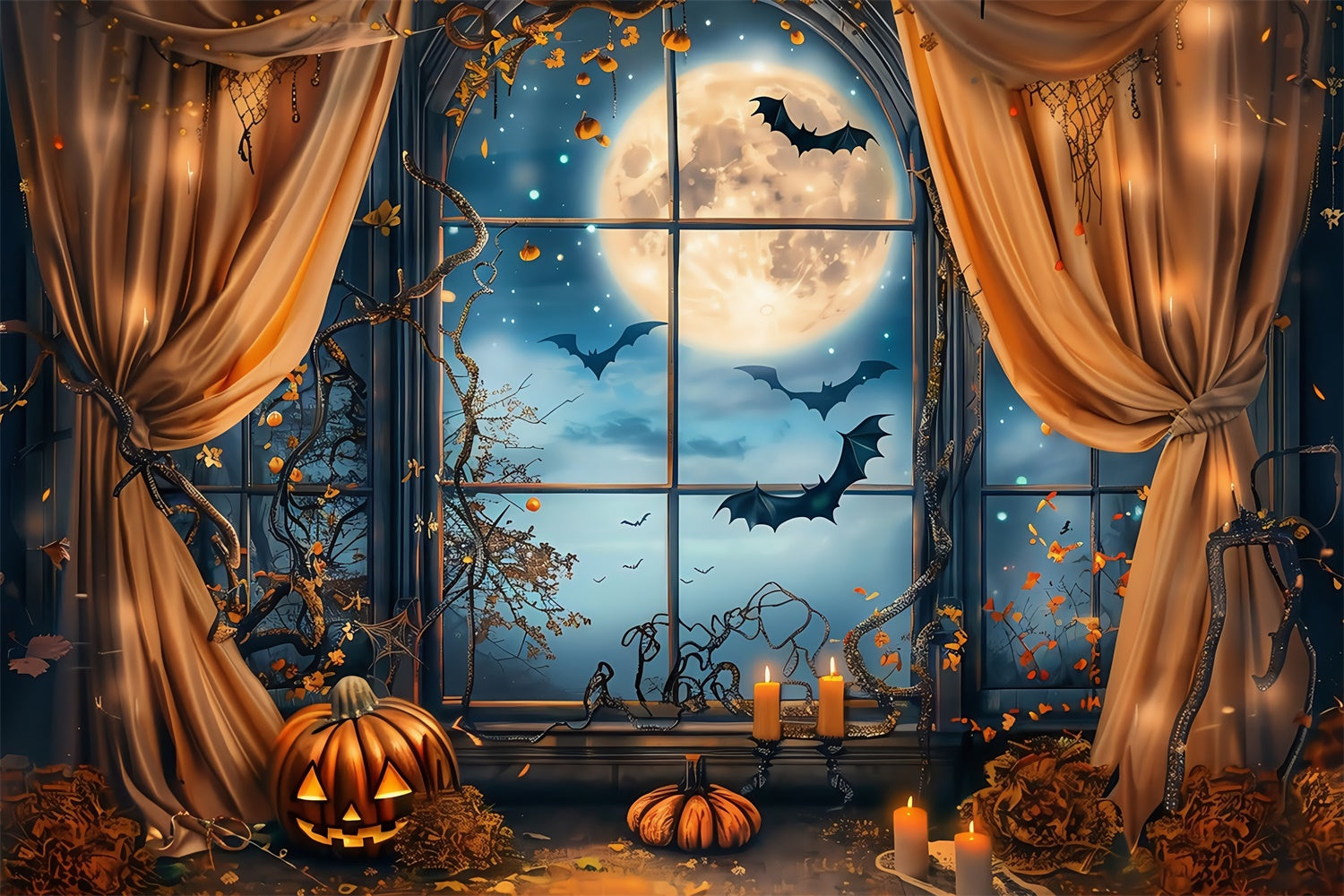 Halloween Mond Hintergrund Mitternachtsfledermaus Fenster Hintergrund MRR7-42