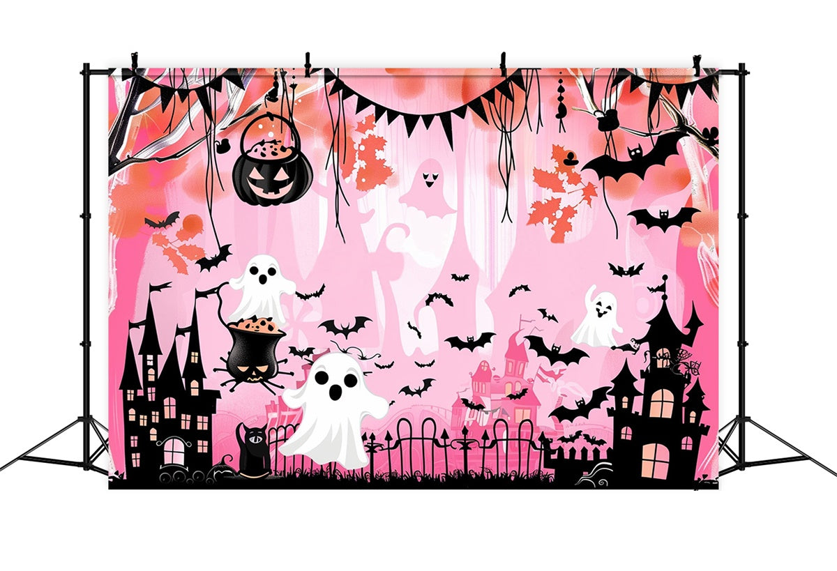 Niedlicher Halloween-Hintergrund Geisterhafte Fledermaus Schloss Rosa Hintergrund MRR7-46