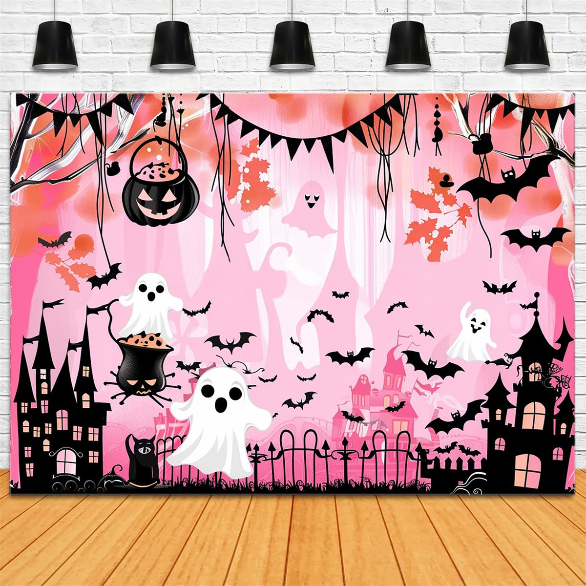 Niedlicher Halloween-Hintergrund Geisterhafte Fledermaus Schloss Rosa Hintergrund MRR7-46