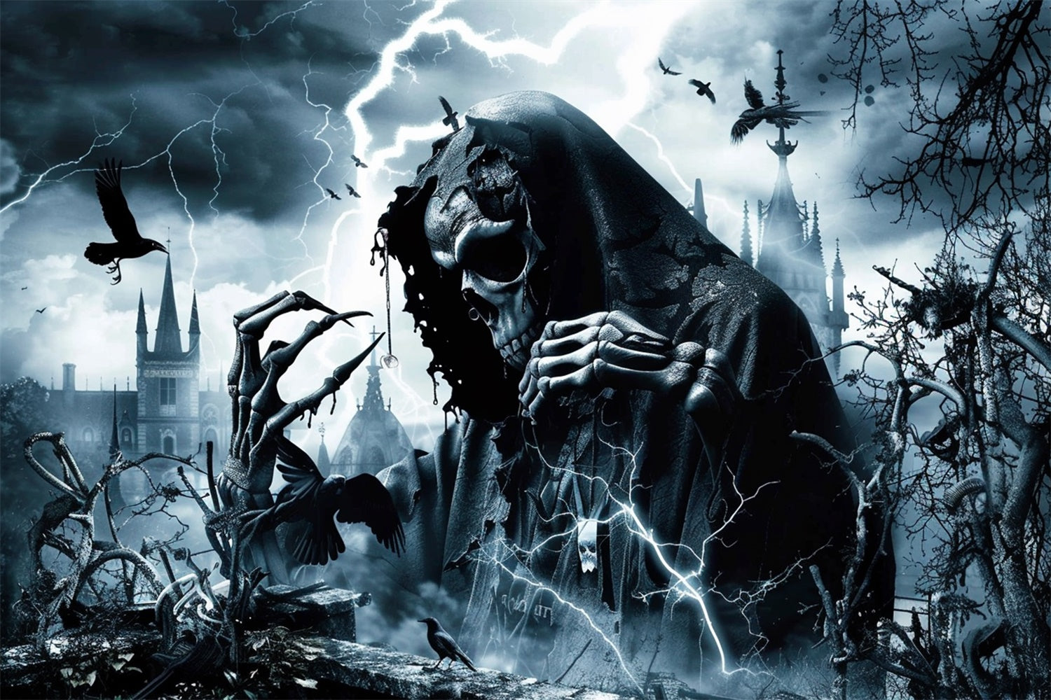 Gruseliger Halloween-Hintergrund Rachsüchtiger Wraith Blitzhintergrund MRR7-47