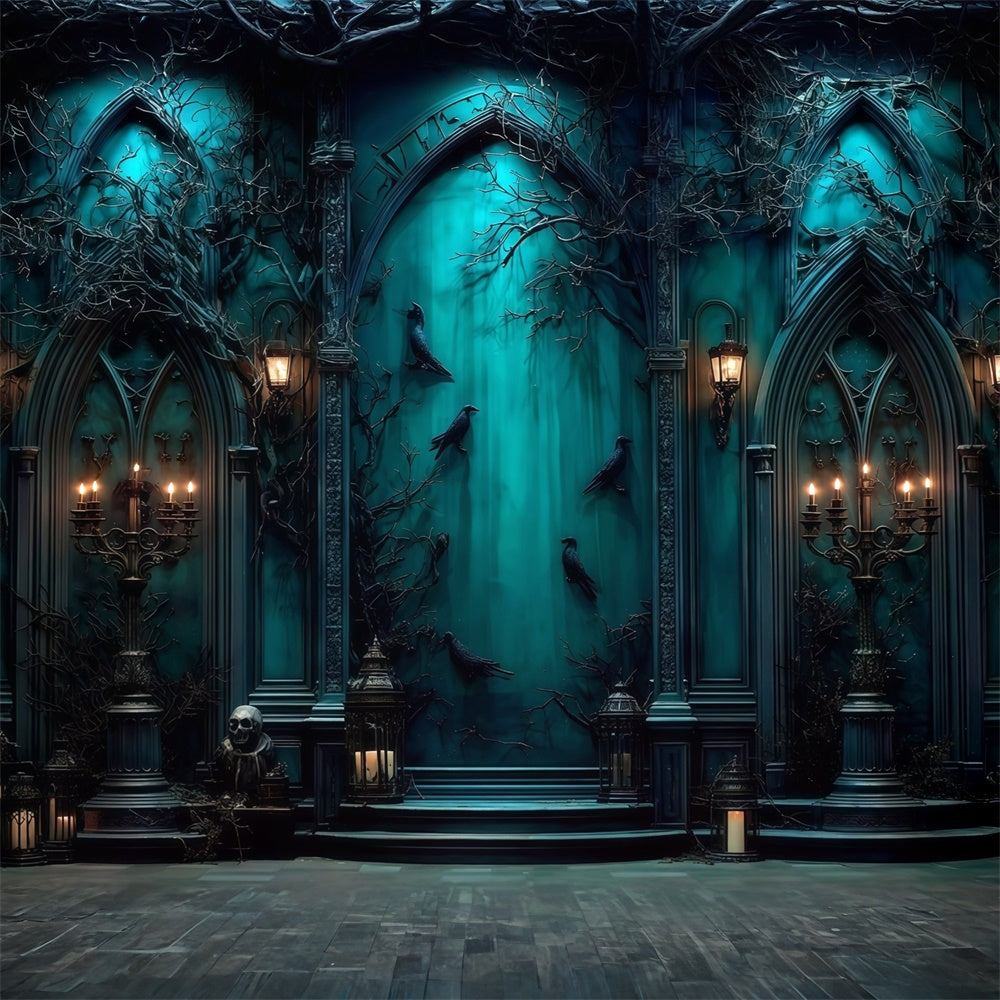 Halloweenkulisse Gespenstische blaue Kapelle Hintergrund MRR7-49