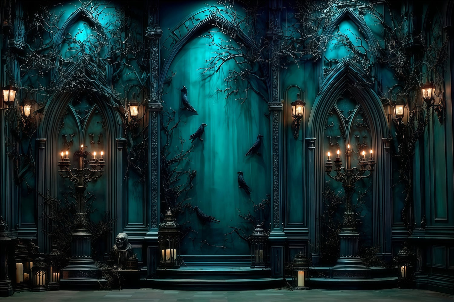 Halloweenkulisse Gespenstische blaue Kapelle Hintergrund MRR7-49