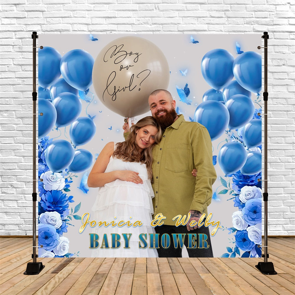 Hintergrundkulisse für Babyparty Blaue Blüte Ballon Personalisierte Hintergrundkulisse MRR7-6