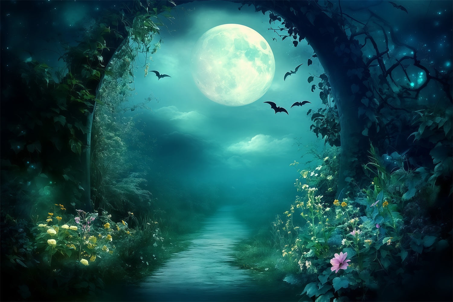 Nacht Wald Backdrop Mitternachtsblüten Pfad Foto Hintergrund MRR7-99