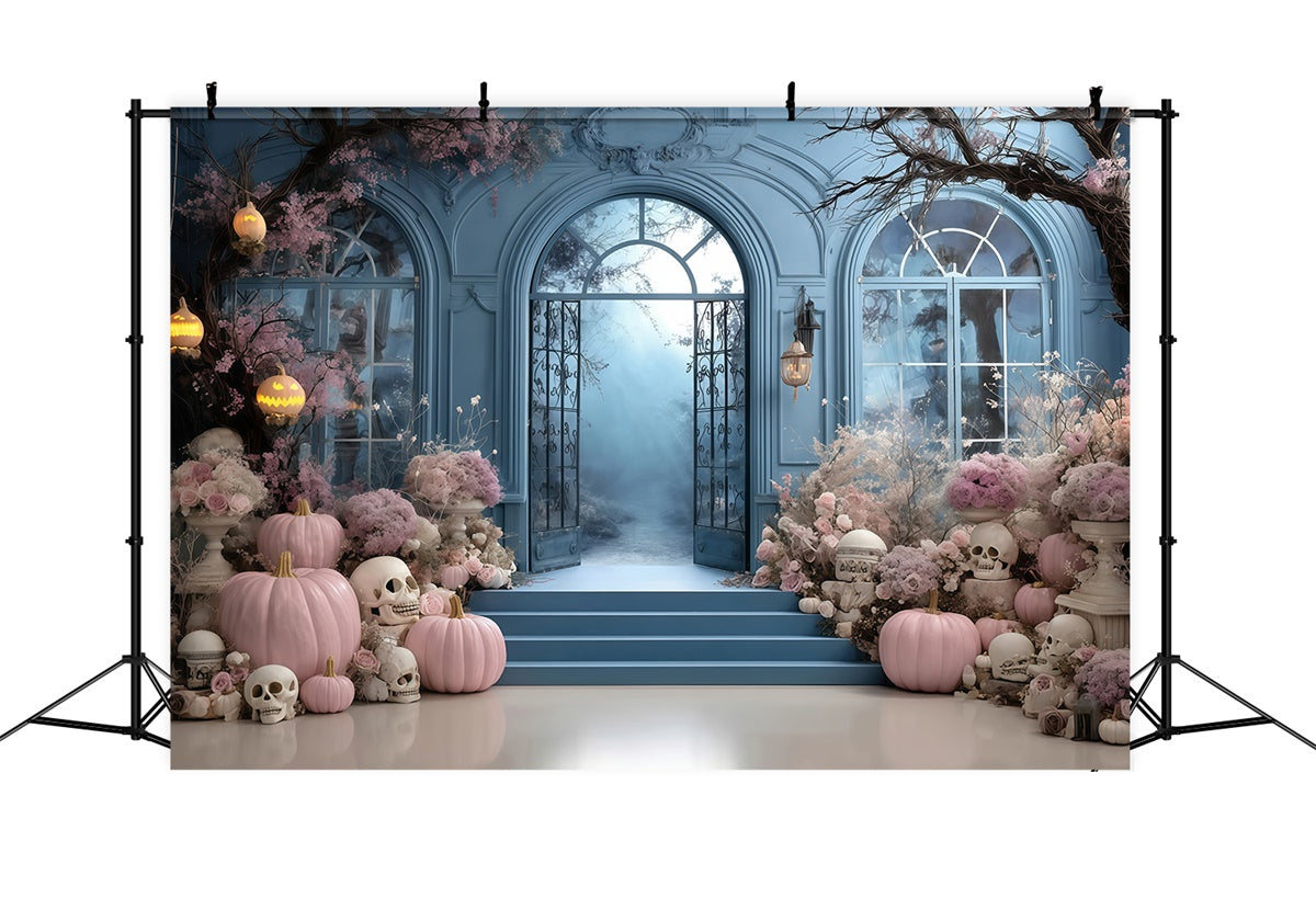 Halloween Backdrop Ideen Rosa Blume Kürbis Blaue Tür Wand Halloween Foto Hintergrund MRR8-10