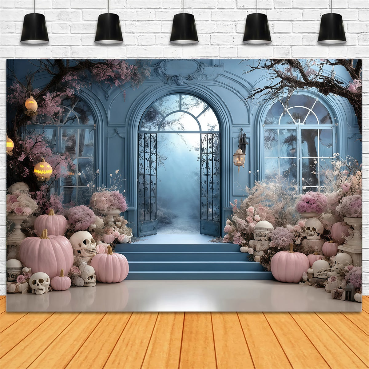 Halloween Backdrop Ideen Rosa Blume Kürbis Blaue Tür Wand Halloween Foto Hintergrund MRR8-10