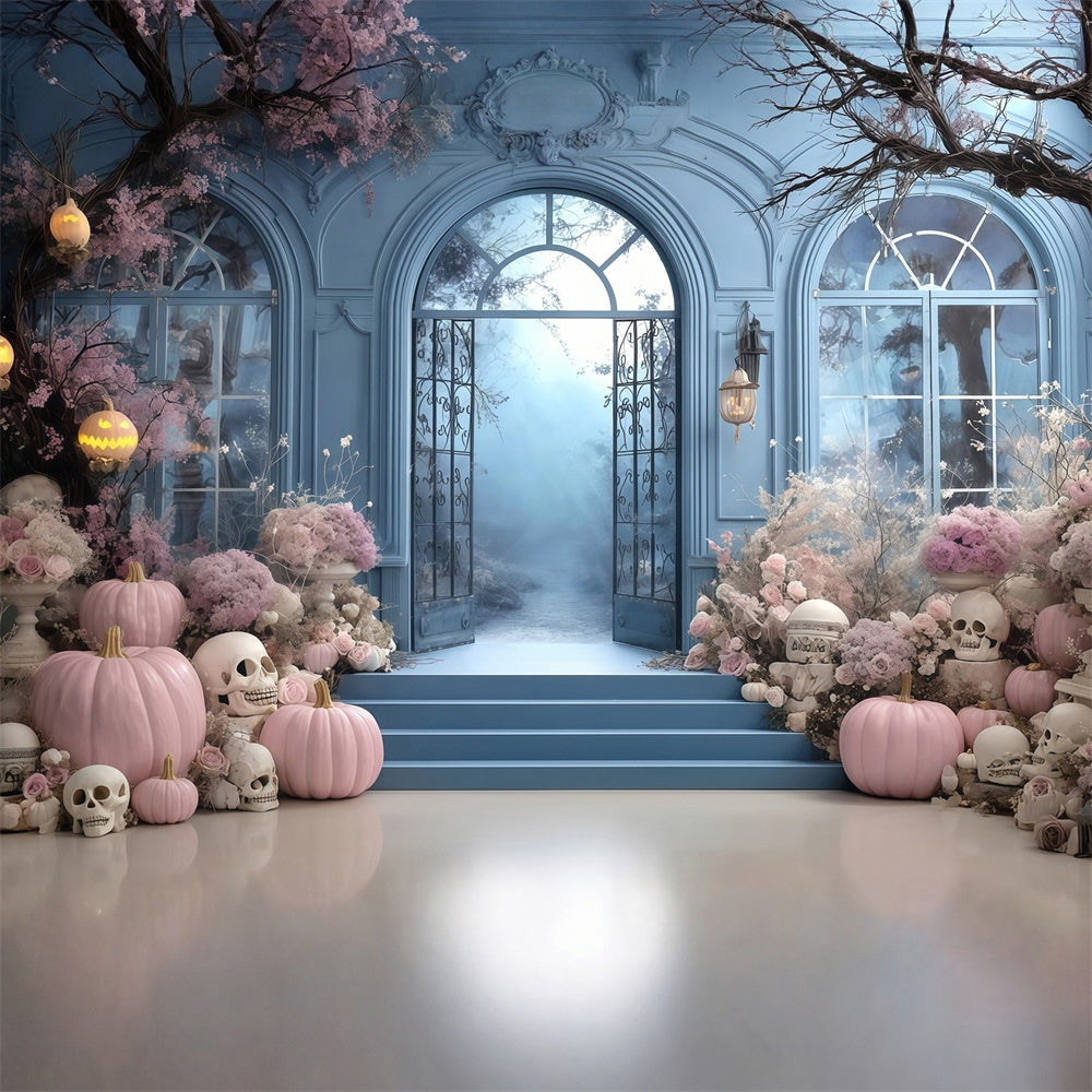 Halloween Backdrop Ideen Rosa Blume Kürbis Blaue Tür Wand Halloween Foto Hintergrund MRR8-10