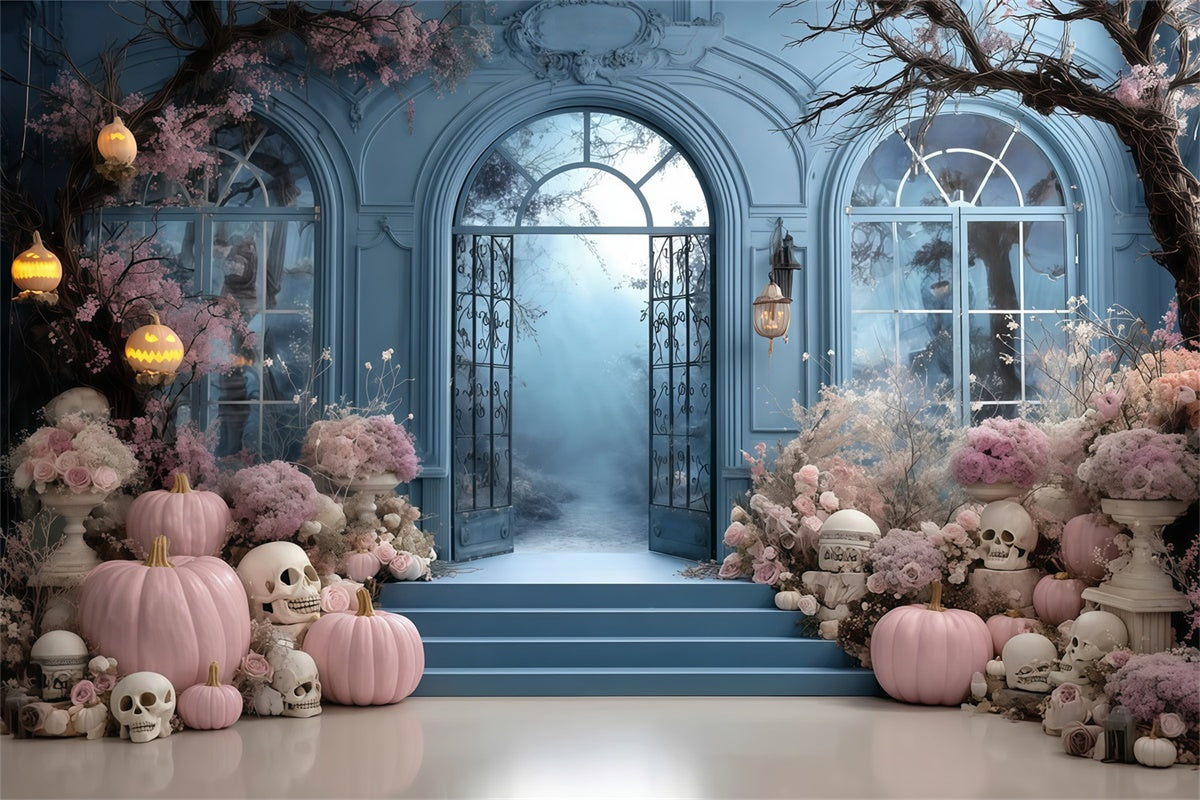 Halloween Backdrop Ideen Rosa Blume Kürbis Blaue Tür Wand Halloween Foto Hintergrund MRR8-10