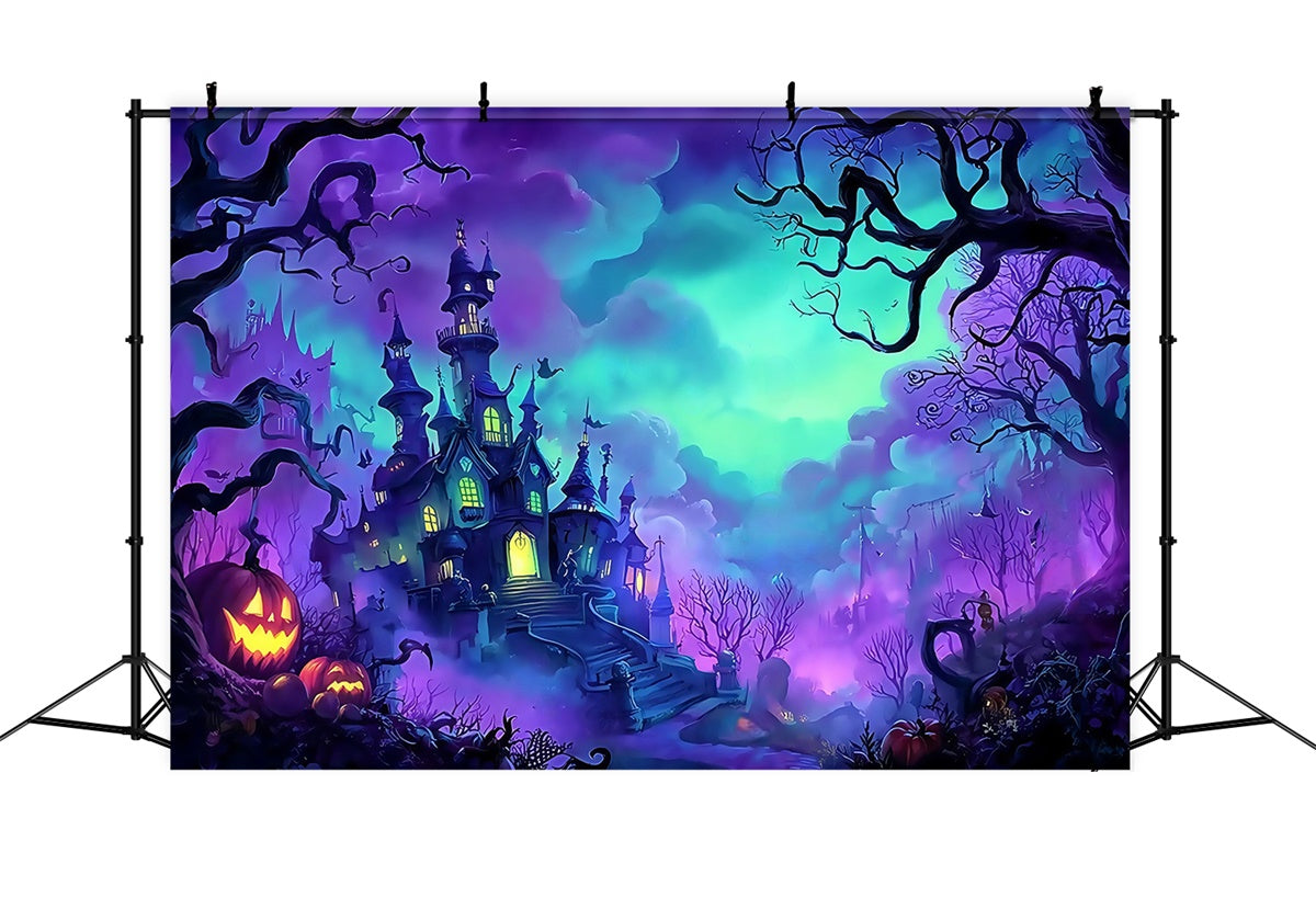 Spooky Halloween Backdrop Nebliger Wald Schloss Kürbis Foto Hintergrund MRR8-11