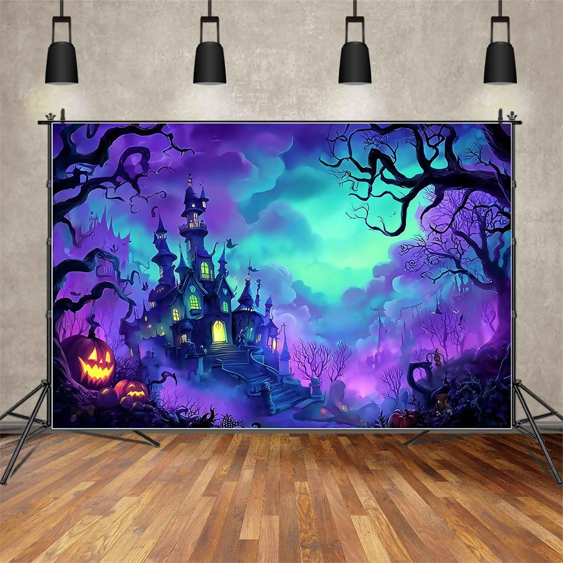 Spooky Halloween Backdrop Nebliger Wald Schloss Kürbis Foto Hintergrund MRR8-11