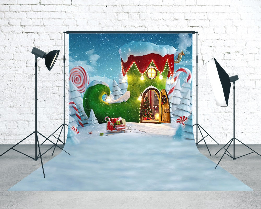 Holiday Backdrop Fairytale Grün Boots Cottage Weihnachtskulissen MRR8-117