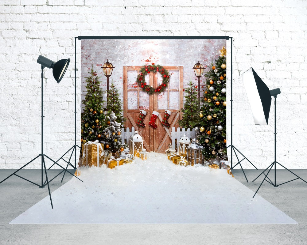 Weihnachtsbaum Backdrop Klassische verschneite Weihnachten Holztür Weihnachten Fotohintergrundbilder für Fotos MRR8-128