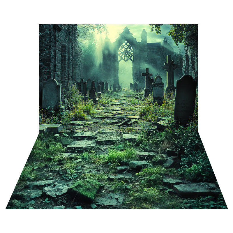 Verfallener gotischer Friedhof Foto Hintergrund+Moosiger Steinboden Foto Hintergrund MRR8-137
