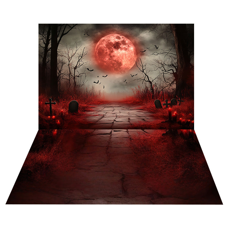 Halloween-Mond-Friedhof-Foto Hintergrund+Roter, zerklüfteter Steinboden-Foto Hintergrund MRR8-139