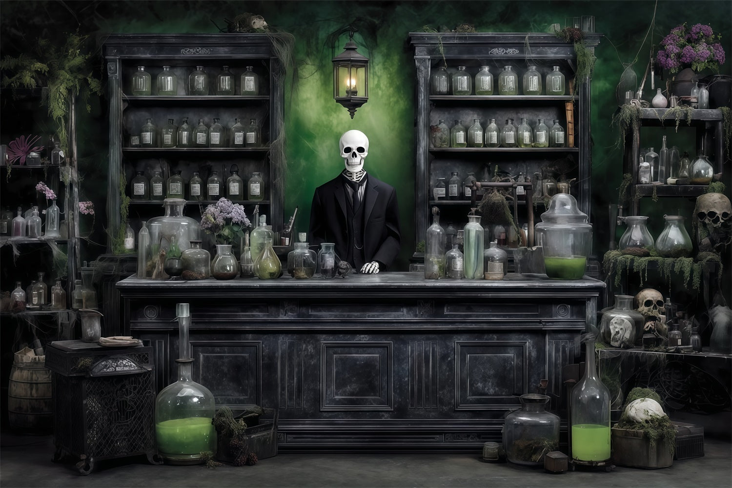 Gruselige Halloween Foto Hintergrundkulissen Chemisches Reagenz Geheimnis Skelett Mann Store Backdrop MRR8-14