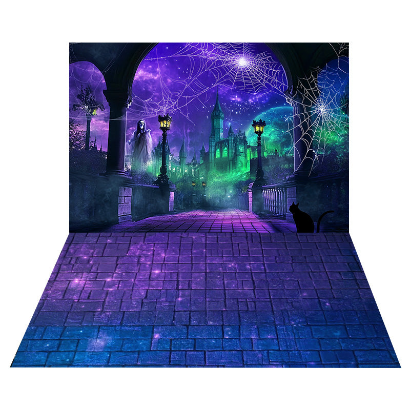 Gespenstisches Netz Schloss Foto Hintergrund+Violett glitzernder Stein Boden Foto Hintergrund MRR8-148
