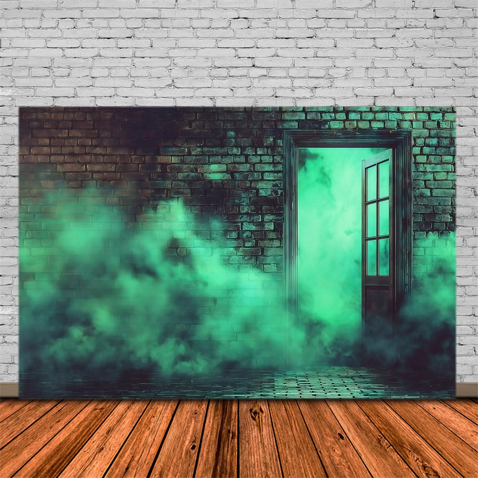 Halloween Wandhintergrund Gruselige grüne rauchige Ziegelwand Halloween Foto Hintergrund MRR8-15
