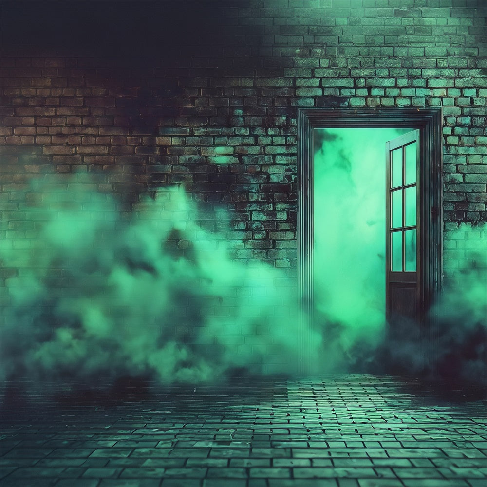 Halloween Wandhintergrund Gruselige grüne rauchige Ziegelwand Halloween Foto Hintergrund MRR8-15