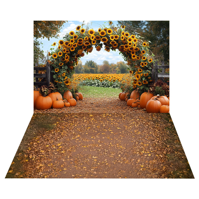 Sonnenblumen-Kürbisbogen Foto Hintergrund + Herbstlaub-Boden Foto Hintergrund MRR8-153