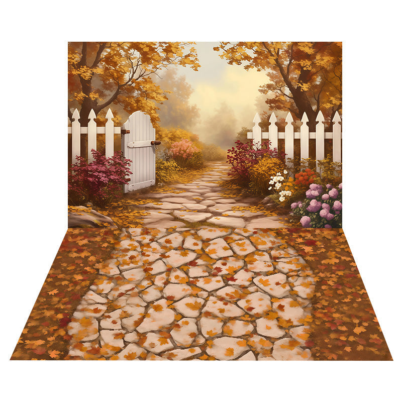 White Fence Pathway Backdrop+Fallen Maple Stone Floor Backdrop MRR8-154