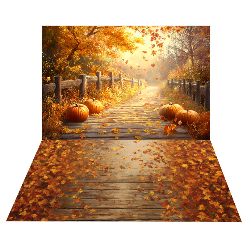 Kürbis-Herbstweg Foto Hintergrund + fallende Herbstblätter-Boden Foto Hintergrund MRR8-155