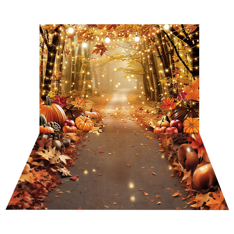 Goldener Wald mit Lichtern als Foto Hintergrund + Herbstblätter und Kürbisse als Boden Foto Hintergrund MRR8-167
